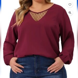 Agnes Orinda Burgandy V Neck Blouse With Lace Detail. NWT.
